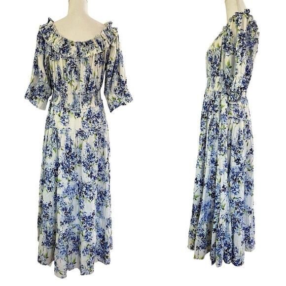 Soft Surroundings Rosana Linen Blend Floral Maxi Dress Size L Blue Tiered NWT - Picture 2 of 8